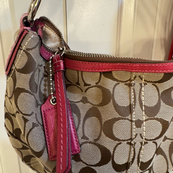Coach Brown Signature Shoulder Hobo Bag with Pink Trim